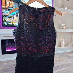 Marchesa Voyage Taste The Rainbow Sheath Dress Size 8 Black Multi Leather Trim